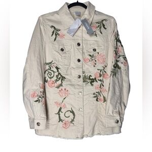 Chico’s Embroidered embellishment Leopard Floral Denim Jacket Womens Medium NEW
